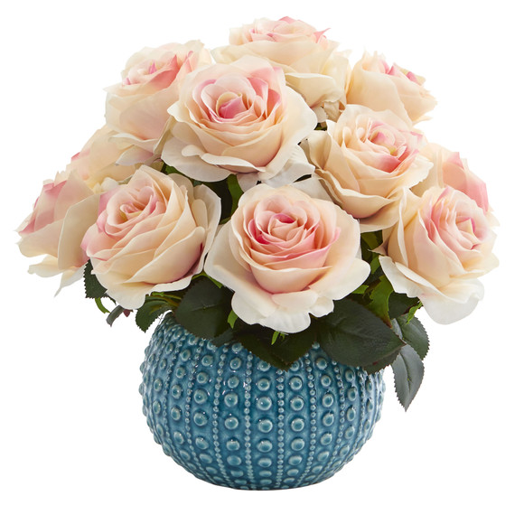 11.5 Rose Artificial Arrangement in Blue Ceramic Vase - SKU #1542 - 5